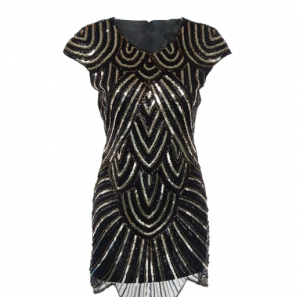 Gergeous Round Neck Sleeveless Striped Sequins Embellished Irregular Hem Women's Club Dress - Black